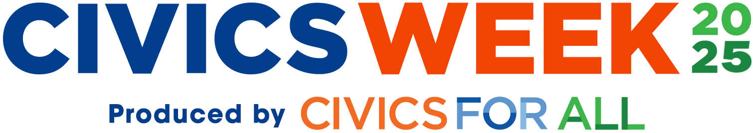 Civics Week 2025 Logo. Text is presented in blue, orange and green. Text reads Civics Week 2025 produced by Civics for All.