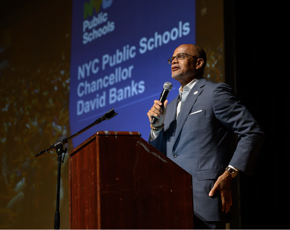 Chancellor Banks speaking at New Teacher Week at LaGuardia High School