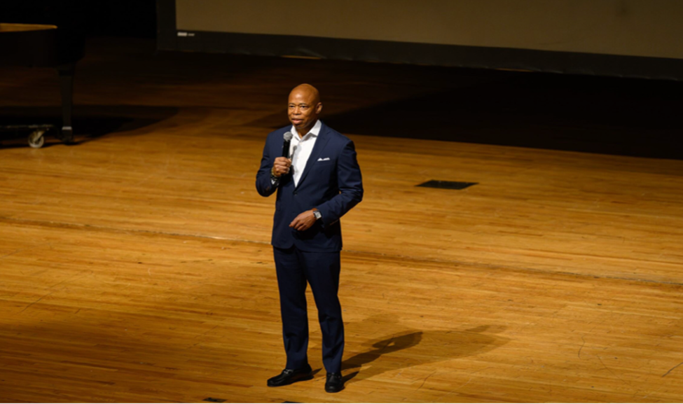 Mayor Eric Adams speaking at New Teacher Week 2024 at LaGuardia High School