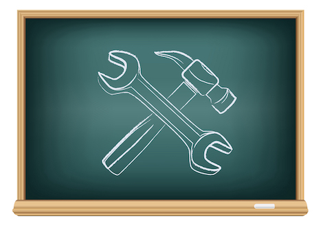 Image of wrench and hammer drawn on a chalkboard, showing that this page is part of the School Recruitment Toolkit.