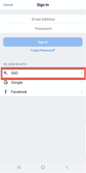 Zoom app sign in page A screenshot of the Zoom mobile app "Sign In", displaying that the SSO, button as the first of three choices, above "Google" and "Facebook."